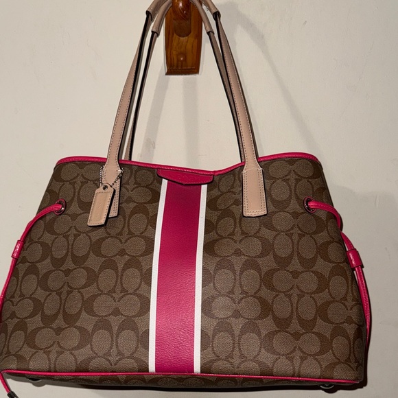 Coach Handbags - Coach Brown Signature Tote with Pink and White Stripe